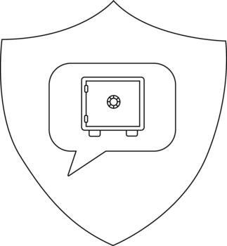 A shield outline contains a speech bubble with a safe inside vector
