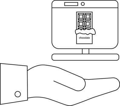 A hand holds a monitor displaying a chocolate bar with the word chocolate printed below it vector