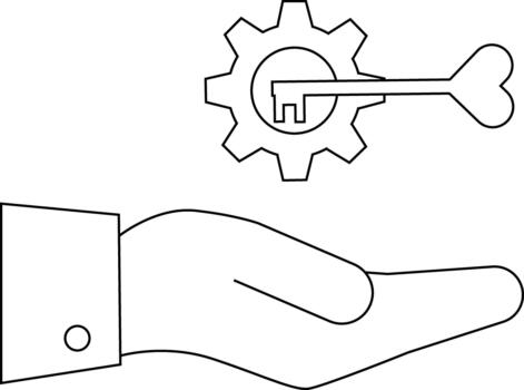 A hand presented upward with a gear containing a key hovering above the hand vector
