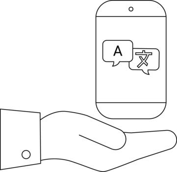 A line drawing showing a hand holding a smartphone with a translation app on the screen vector