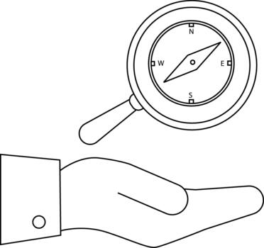 Line art depicts a compass over a hand showing direction precision and guidance with a jacket cuff visible vector
