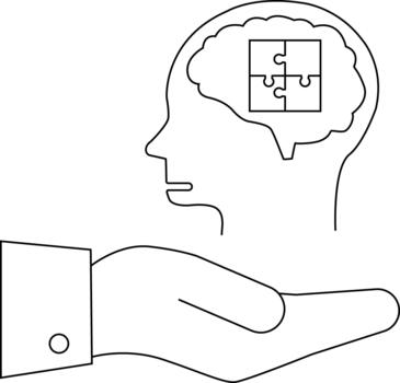 A hand supports a head outline with a brain containing a fourpiece puzzle vector