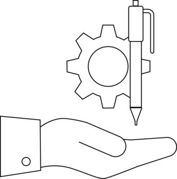 A hand is displayed with a pen and a gear cog beside it vector