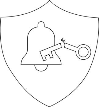A shield displays a bell with a broken key inserted symbolizing a security breach vector