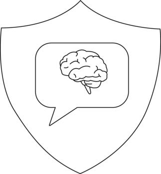 Line art depicts a brain in a speech bubble centered on a shield vector