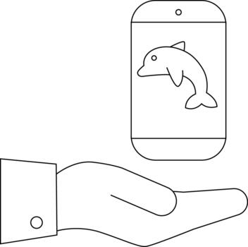 Hand presents a phone displaying a dolphin simple line art vector