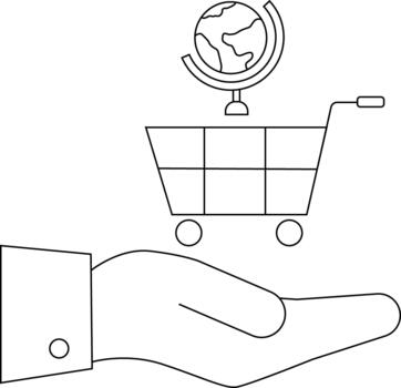 A hand supports a shopping cart containing a globe rendered in minimalist black and white lines vector