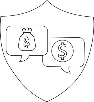 Image features a shield encompassing two speech bubbles each displaying a dollar sign vector