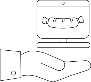 un mano sostiene un computadora monitor mostrando un dibujos animados salchicha vector