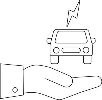 Line art depicts a car with a lightning bolt above hovering over an open hand with a suit sleeve vector