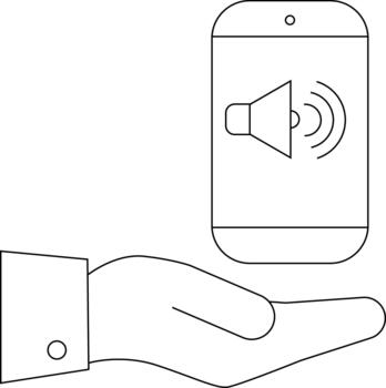 An outline image shows a hand holding a phone with a sound icon on its screen vector