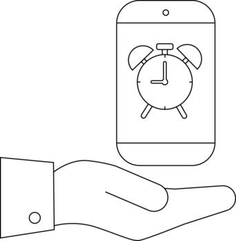 A mobile phone with an alarm clock display is held in the palm of a hand vector