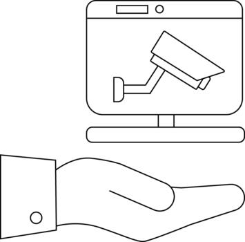 A hand holds a monitor displaying a security camera The scene is minimalist and outlined in black vector