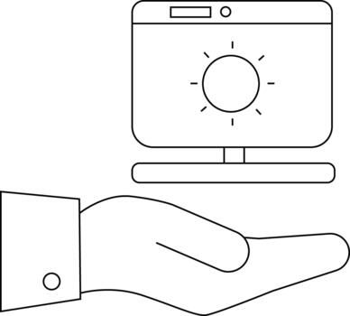 A hand holds a computer monitor showing a sun icon vector