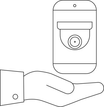 A hand presenting a smartphone displaying a security camera vector