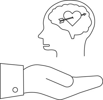 A hand holds a head profile with a brain containing a heart pierced by an arrow vector