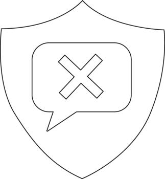 A shield contains a speech bubble with an X symbol inside all in outline vector