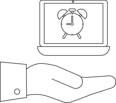 A hand holds a laptop displaying a clock depicted in a clear line drawing vector