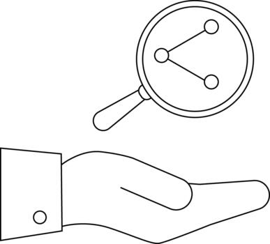 Line drawing of a hand holding a magnifying glass over a network of connected nodes vector