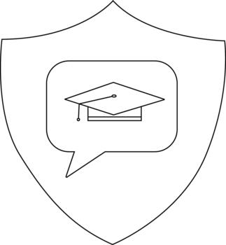 A shield containing a speech bubble with a graduation cap inside vector
