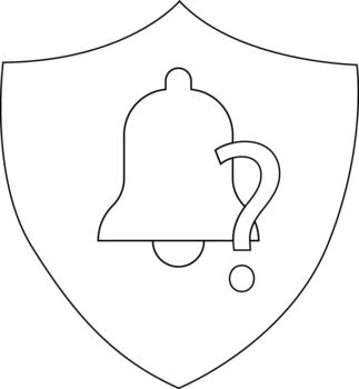 Shield with bell icon and question mark outlined in black and white vector