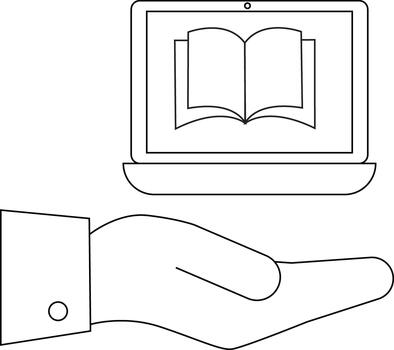 A hand presents a laptop displaying an open book Simple line drawing no shading vector