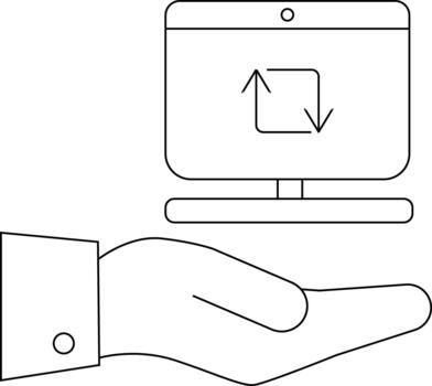 A hand holds a monitor with a circular arrow icon on its screen vector