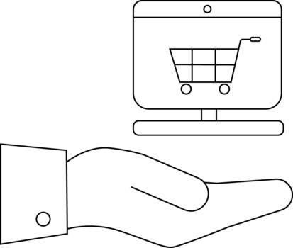 un mano sostiene un computadora monitor mostrando un compras carro vector