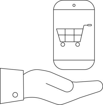 A stylized phone with a shopping cart icon floats over a hand in a drawing vector