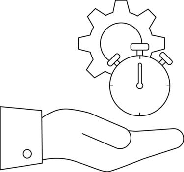 A hand holds a stopwatch in front of a gear vector