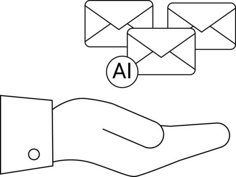 A hand presenting 3 envelopes one marked AI inside a circle Minimalist black and white line art vector