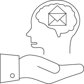 Outline of head with email icon inside brain held by a hand with a buttoned sleeve vector