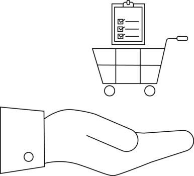 A hand supports a shopping cart topped with a checklist vector