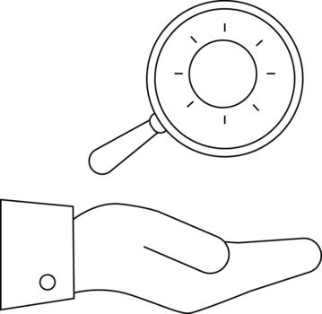 A hand presents a magnifying glass with dash marks inside the lens against a blank backdrop vector