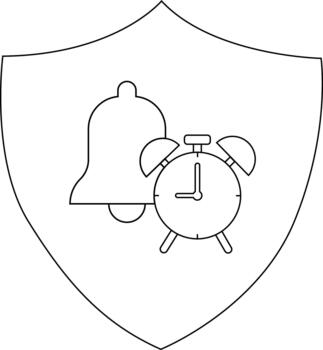 Line art of a shield with a bell and alarm clock inside vector