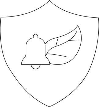 A shield outlines a bell with a leaf behind it vector