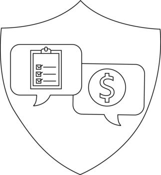 Outline of a shield containing a checklist in a speech bubble and a dollar sign in another speech bubble vector
