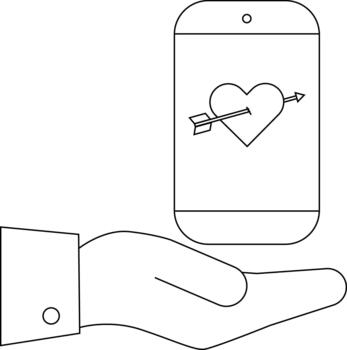contorno representa un mano participación un teléfono inteligente con un corazón traspasado por un flecha en el pantalla vector
