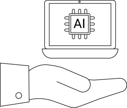 un minimalista línea Arte imagen muestra un mano participación un ordenador portátil mostrando un ai chip en sus pantalla vector