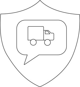 The image features a shield with a delivery truck inside a speech bubble vector
