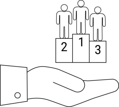 A hand presents a podium with three figures standing on it numbered 1 2 and 3 vector