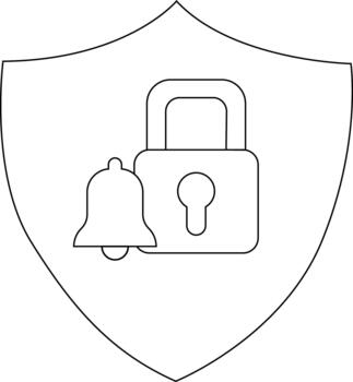 Outline of a shield containing a bell and a padlock vector
