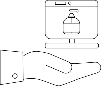 A hand holds a computer screen displaying a soap dispenser vector