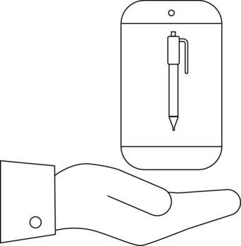 Outline drawing hand holding a device displaying a pen vector