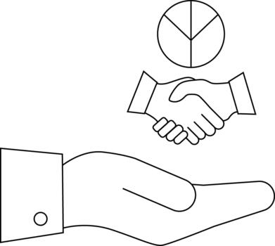 A hand presenting a handshake below a pie chart rendered in a clear outlined style vector