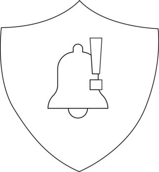 Black and white shield featuring a bell with an exclamation point simple line art vector