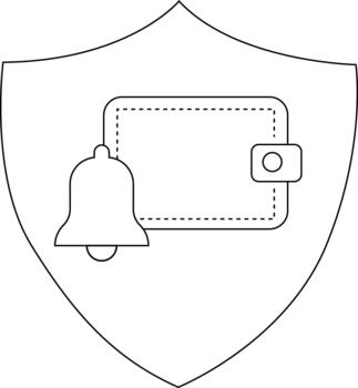 A shield containing a wallet with dashed lines and a bell vector