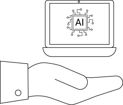 Hand holding a laptop showing AI suggesting artificial intelligence technology vector