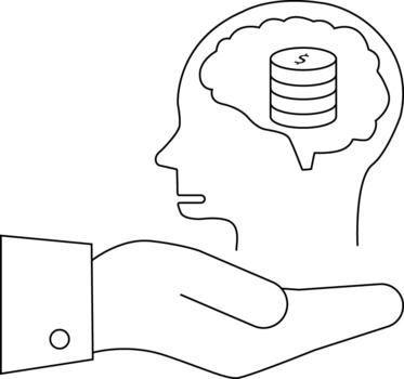 A brain with coins inside being offered on a hand vector