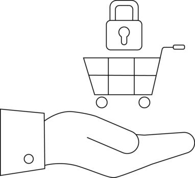 Line art shows a hand offering a shopping cart with a padlock above symbolizing secure online shopping vector